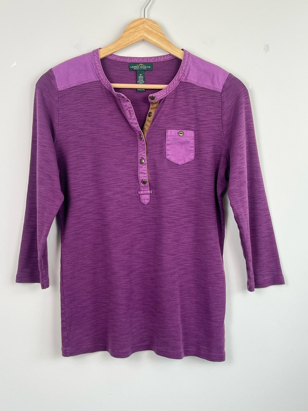 Lauren Ralph Lauren purple 100% cotton 3/4 sleeve Henley style top, medium.